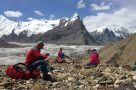View of Pesnya Abaya Peak on trek to South Inylchek Base Camp.