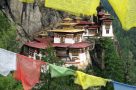 View of Taktsang Monastery with prayer flags, Paro